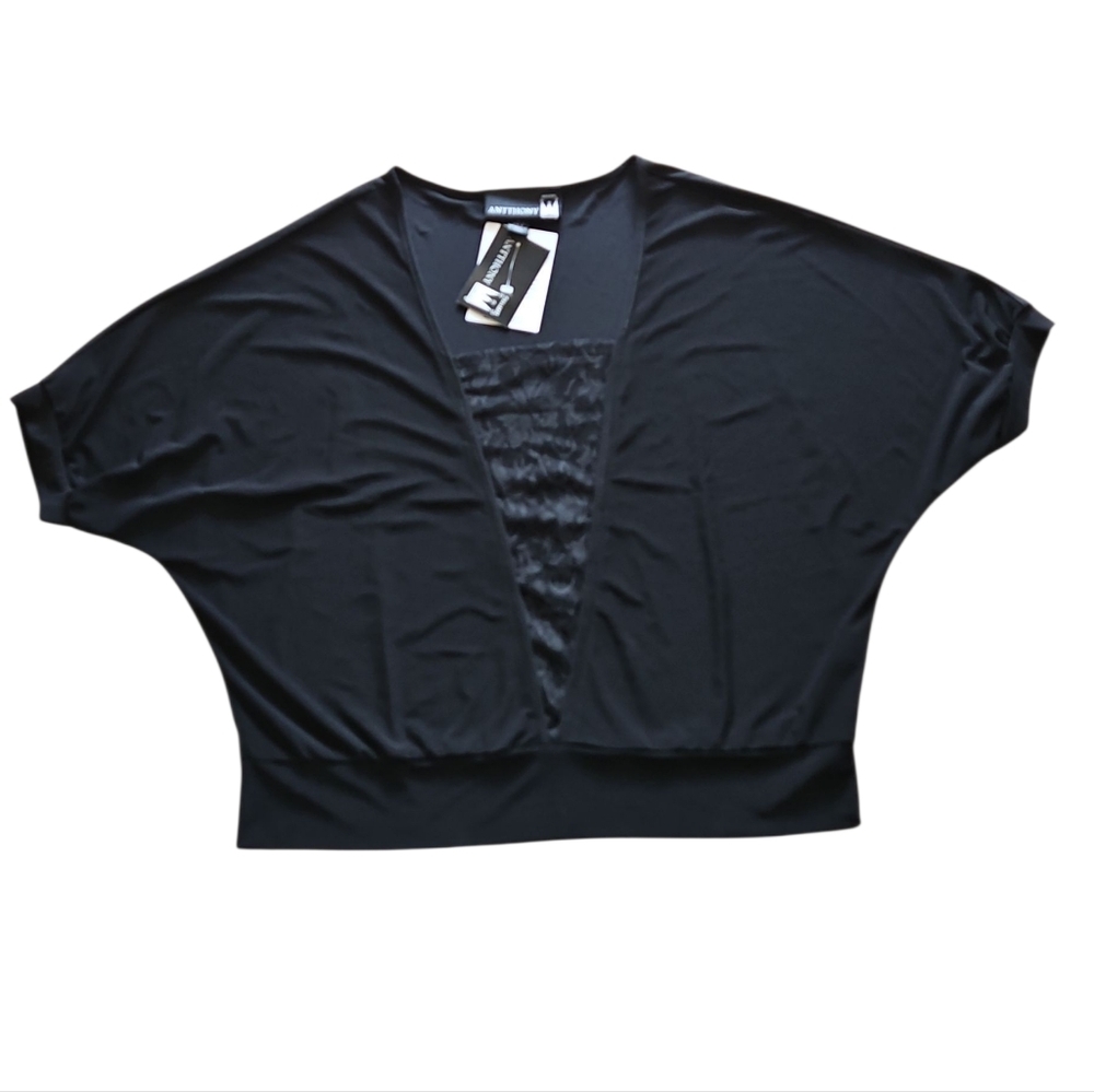 NWT Antthony Black Top Short Sleeve Shirt, Lace Front Blouse Womens L